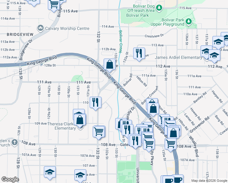 map of restaurants, bars, coffee shops, grocery stores, and more near in Surrey