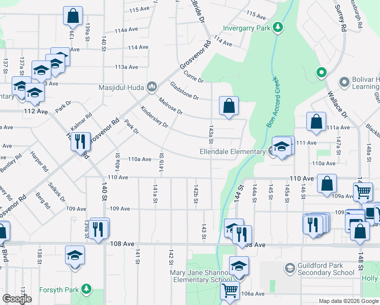 map of restaurants, bars, coffee shops, grocery stores, and more near 14259 Park Drive in Surrey