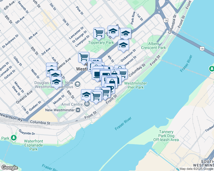 map of restaurants, bars, coffee shops, grocery stores, and more near 39 6th Street in New Westminster