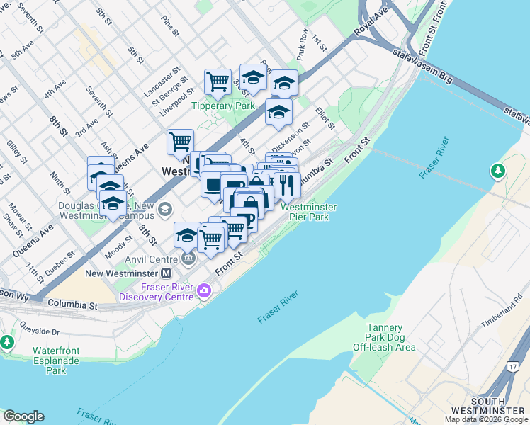 map of restaurants, bars, coffee shops, grocery stores, and more near Columbia Street in New Westminster
