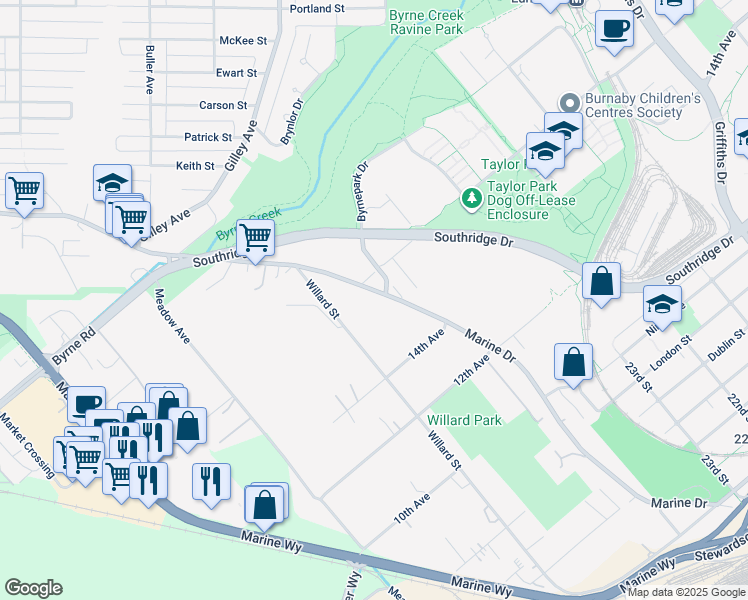 map of restaurants, bars, coffee shops, grocery stores, and more near 6162 Marine Drive in Burnaby