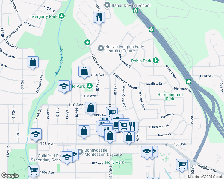 map of restaurants, bars, coffee shops, grocery stores, and more near 11084 148 Street in Surrey