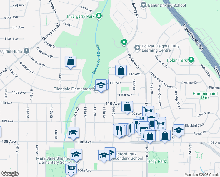 map of restaurants, bars, coffee shops, grocery stores, and more near 11074 146 Street in Surrey