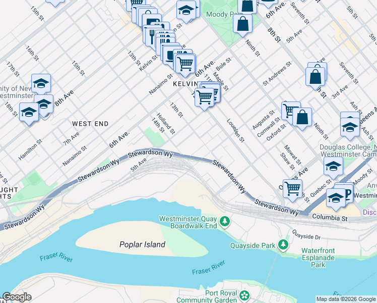 map of restaurants, bars, coffee shops, grocery stores, and more near 1337 Kamloops Street in New Westminster