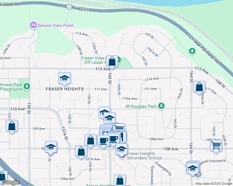 map of restaurants, bars, coffee shops, grocery stores, and more near 11071 160A Street in Surrey