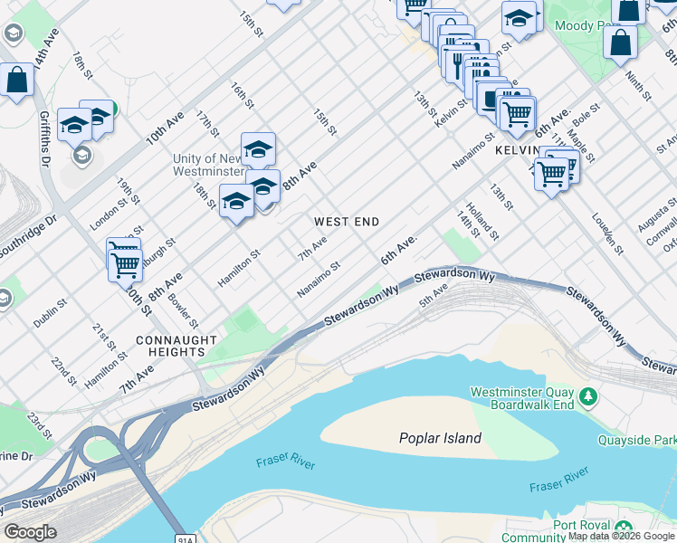 map of restaurants, bars, coffee shops, grocery stores, and more near 1632 Nanaimo Street in New Westminster