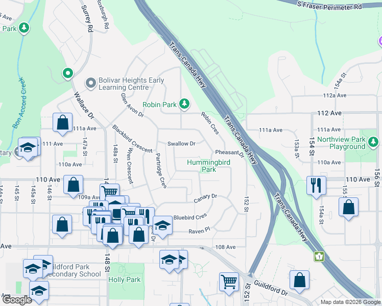 map of restaurants, bars, coffee shops, grocery stores, and more near 15041 Peacock Place in Surrey