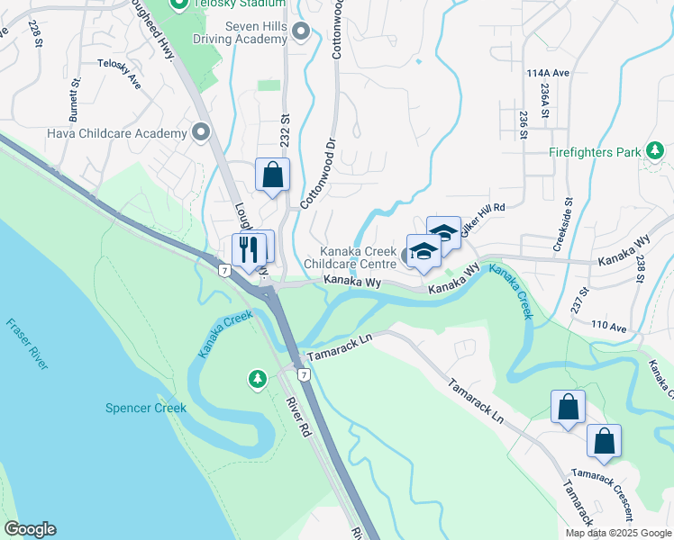 map of restaurants, bars, coffee shops, grocery stores, and more near 23281 Kanaka Way in Maple Ridge