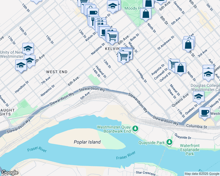 map of restaurants, bars, coffee shops, grocery stores, and more near in New Westminster