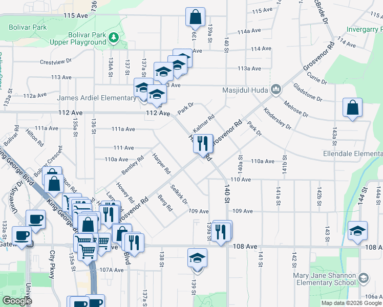 map of restaurants, bars, coffee shops, grocery stores, and more near 13899 Grosvenor Road in Surrey