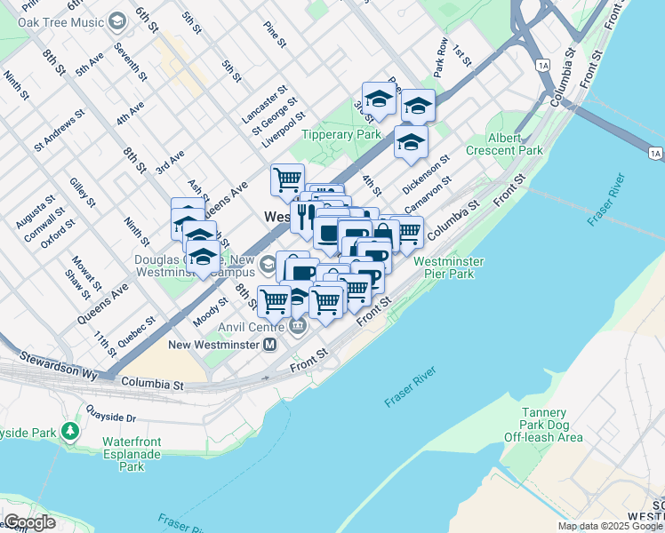 map of restaurants, bars, coffee shops, grocery stores, and more near 609 Carnarvon Street in New Westminster