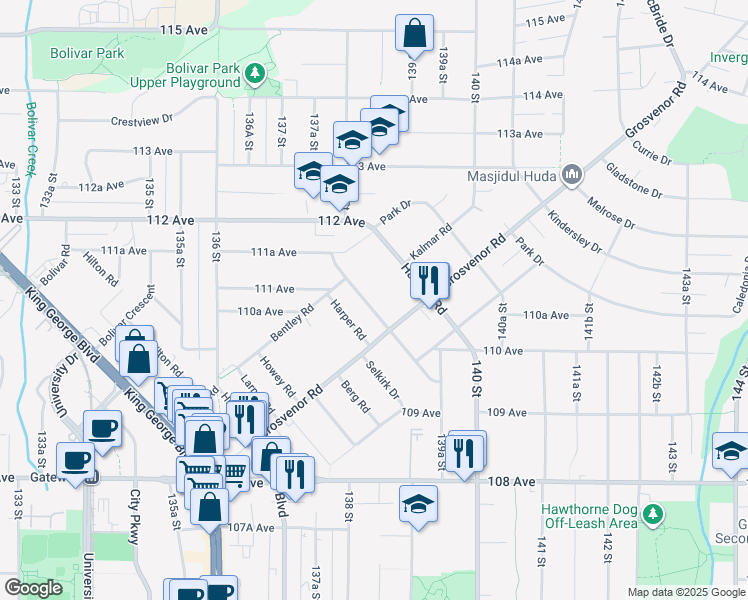 map of restaurants, bars, coffee shops, grocery stores, and more near 13835 Brentwood Crescent in Surrey