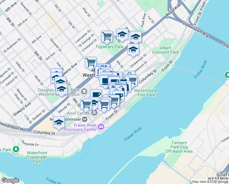 map of restaurants, bars, coffee shops, grocery stores, and more near 41 Sixth Street in New Westminster