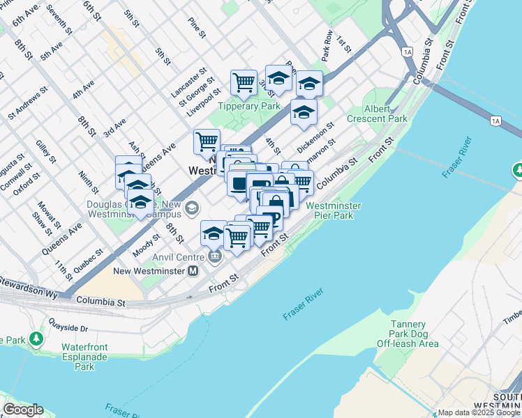 map of restaurants, bars, coffee shops, grocery stores, and more near 41 6th Street in New Westminster