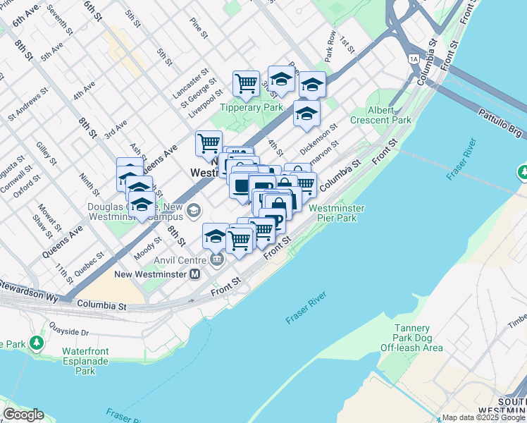map of restaurants, bars, coffee shops, grocery stores, and more near 41 6th Street in New Westminster