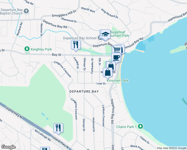 map of restaurants, bars, coffee shops, grocery stores, and more near 2750 Fairbanks Street in Nanaimo