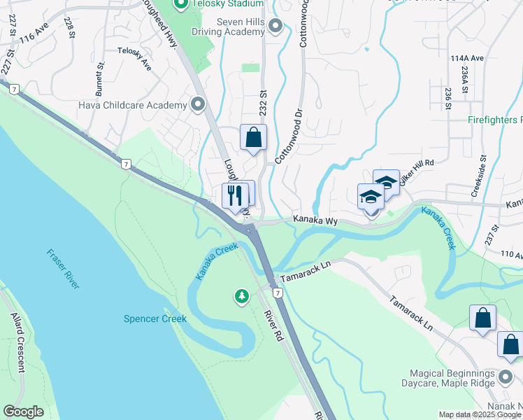 map of restaurants, bars, coffee shops, grocery stores, and more near 11125 232 Street in Maple Ridge
