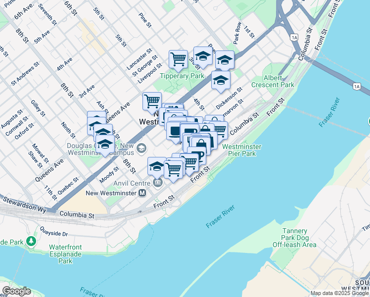 map of restaurants, bars, coffee shops, grocery stores, and more near 618 Carnarvon Street in New Westminster