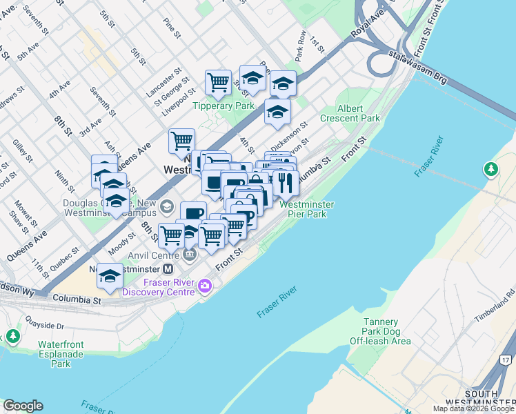 map of restaurants, bars, coffee shops, grocery stores, and more near 511 Columbia Street in New Westminster