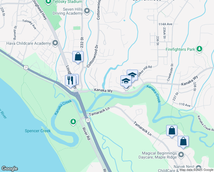 map of restaurants, bars, coffee shops, grocery stores, and more near 23343 Kanaka Way in Maple Ridge