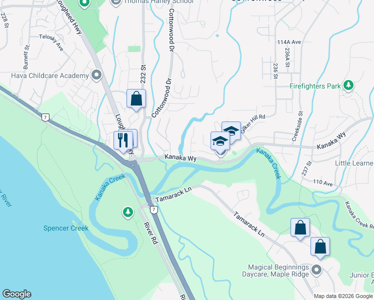 map of restaurants, bars, coffee shops, grocery stores, and more near 23343 Kanaka Way in Maple Ridge