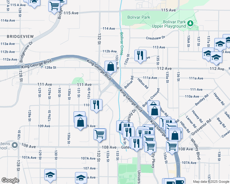 map of restaurants, bars, coffee shops, grocery stores, and more near 13286 King George Boulevard in Surrey