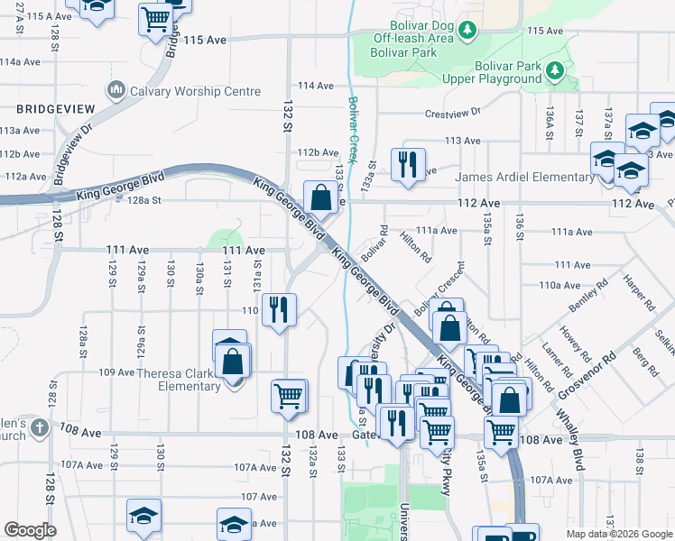 map of restaurants, bars, coffee shops, grocery stores, and more near in Surrey
