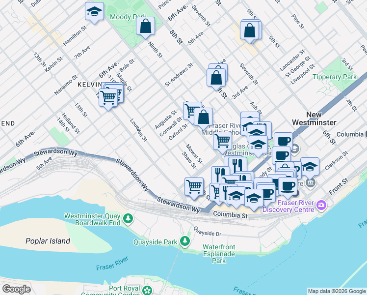 map of restaurants, bars, coffee shops, grocery stores, and more near 230 Mowat Street in New Westminster