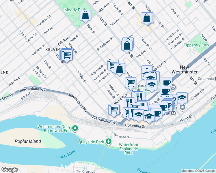 map of restaurants, bars, coffee shops, grocery stores, and more near 230 Mowat Street in New Westminster