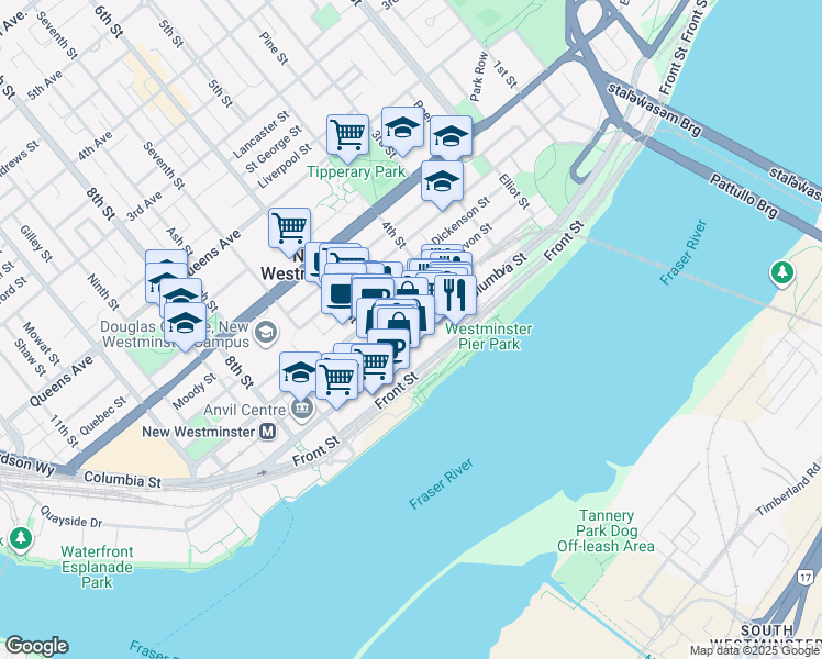 map of restaurants, bars, coffee shops, grocery stores, and more near 435 Columbia Street in New Westminster