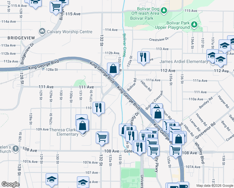 map of restaurants, bars, coffee shops, grocery stores, and more near in Surrey