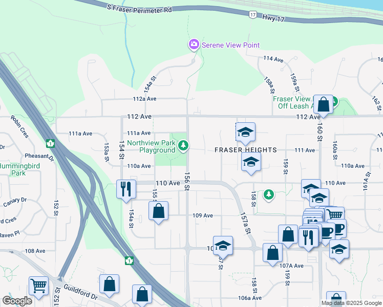 map of restaurants, bars, coffee shops, grocery stores, and more near 11090 156 Street in Surrey
