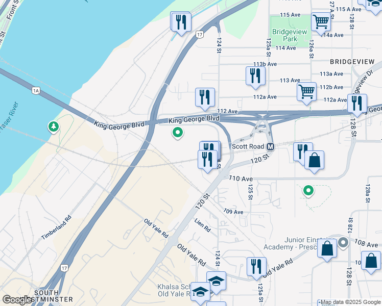map of restaurants, bars, coffee shops, grocery stores, and more near 11125 124 Street in Surrey