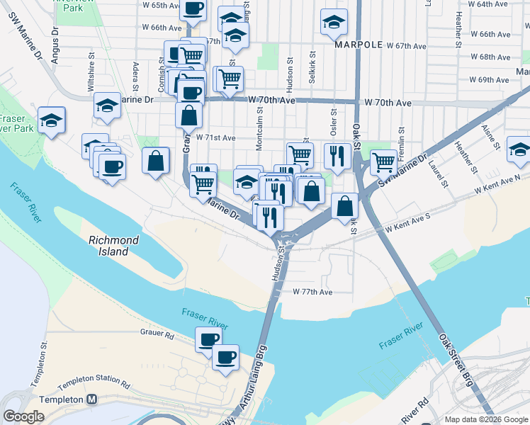 map of restaurants, bars, coffee shops, grocery stores, and more near 1334 West 73rd Avenue in Vancouver