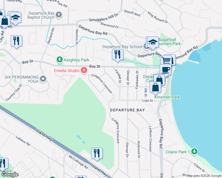 map of restaurants, bars, coffee shops, grocery stores, and more near 2820 Cosgrove Crescent in Nanaimo