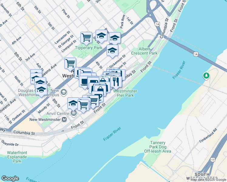 map of restaurants, bars, coffee shops, grocery stores, and more near 403 Columbia Street in New Westminster