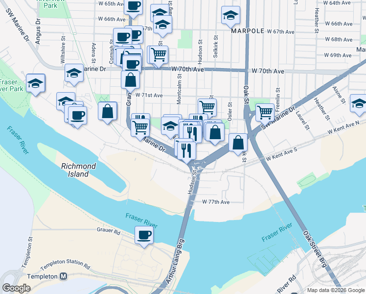 map of restaurants, bars, coffee shops, grocery stores, and more near 1334 West 73rd Avenue in Vancouver