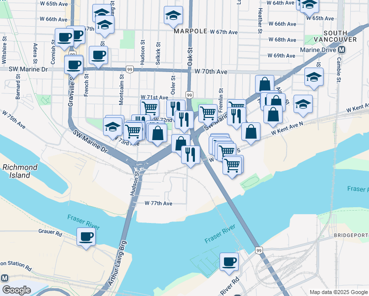 map of restaurants, bars, coffee shops, grocery stores, and more near 1041 Southwest Marine Drive in Vancouver