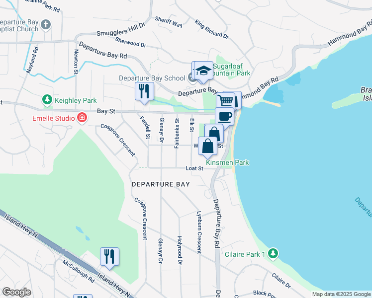 map of restaurants, bars, coffee shops, grocery stores, and more near 2765 Elk Street in Nanaimo