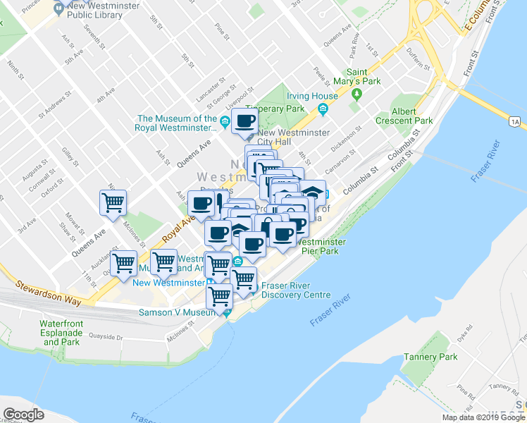 map of restaurants, bars, coffee shops, grocery stores, and more near in New Westminster