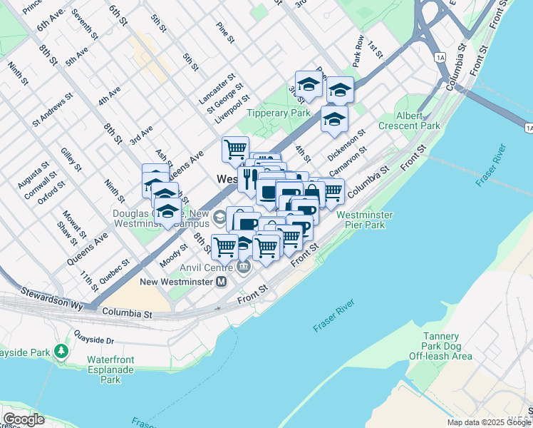 map of restaurants, bars, coffee shops, grocery stores, and more near 23 Cunningham Street in New Westminster