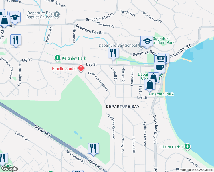 map of restaurants, bars, coffee shops, grocery stores, and more near 2820 Cosgrove Crescent in Nanaimo