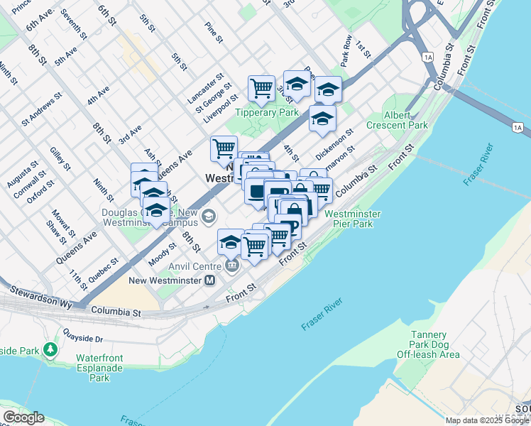 map of restaurants, bars, coffee shops, grocery stores, and more near in New Westminster