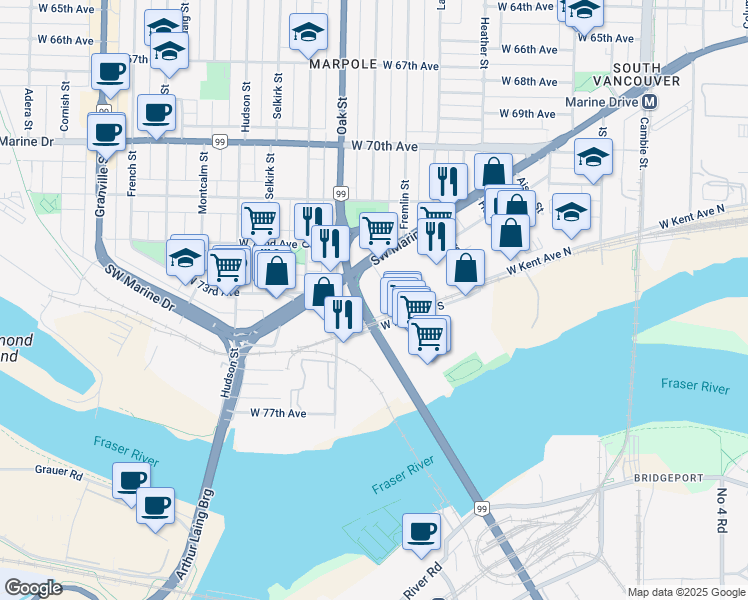 map of restaurants, bars, coffee shops, grocery stores, and more near in Vancouver