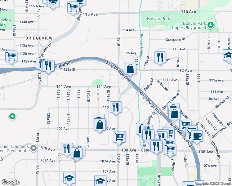 map of restaurants, bars, coffee shops, grocery stores, and more near 11069 132 Street in Surrey