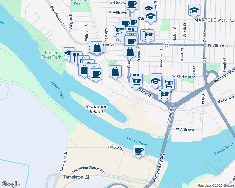 map of restaurants, bars, coffee shops, grocery stores, and more near 1530 West 75th Avenue in Vancouver