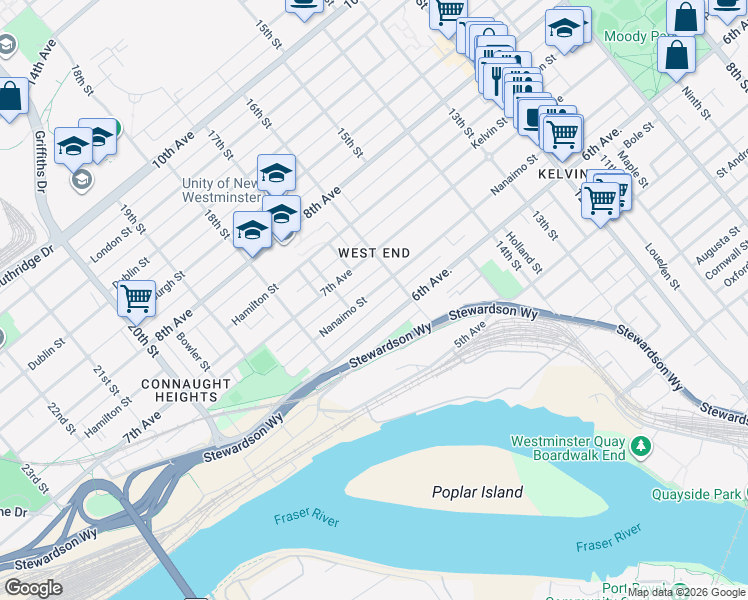 map of restaurants, bars, coffee shops, grocery stores, and more near 1620 Nanaimo Street in New Westminster