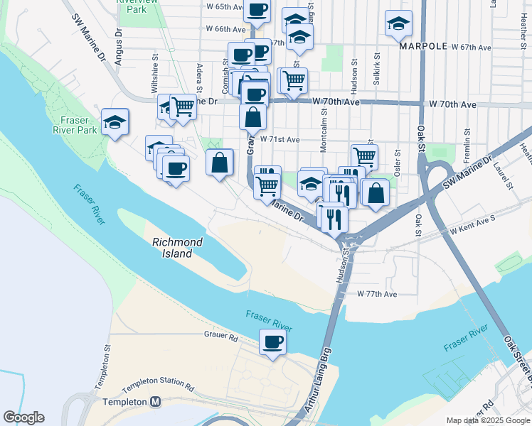 map of restaurants, bars, coffee shops, grocery stores, and more near 1440 Southwest Marine Drive in Vancouver