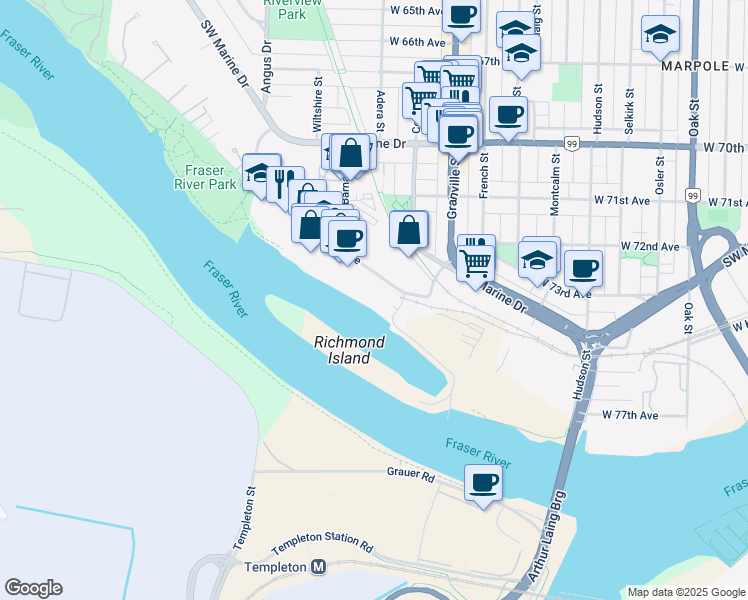 map of restaurants, bars, coffee shops, grocery stores, and more near in Vancouver