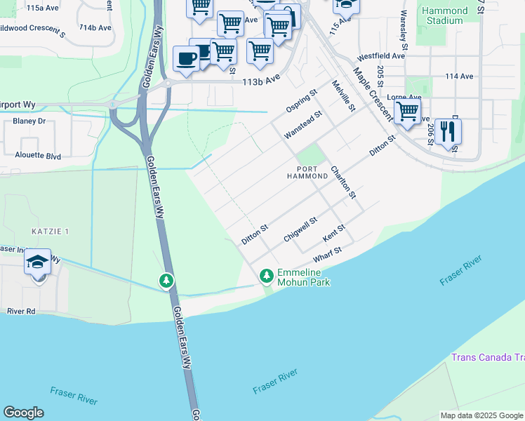 map of restaurants, bars, coffee shops, grocery stores, and more near 20142 Hampton Street in Maple Ridge